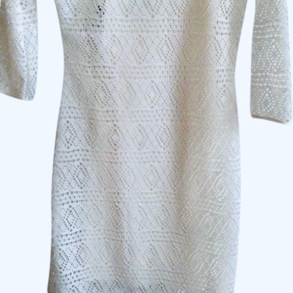 EXPRESS Crochet Eyelet White &‎ Cream Quarter Sleeved Lined Dress SZ SMALL EUC - Picture 4 of 8